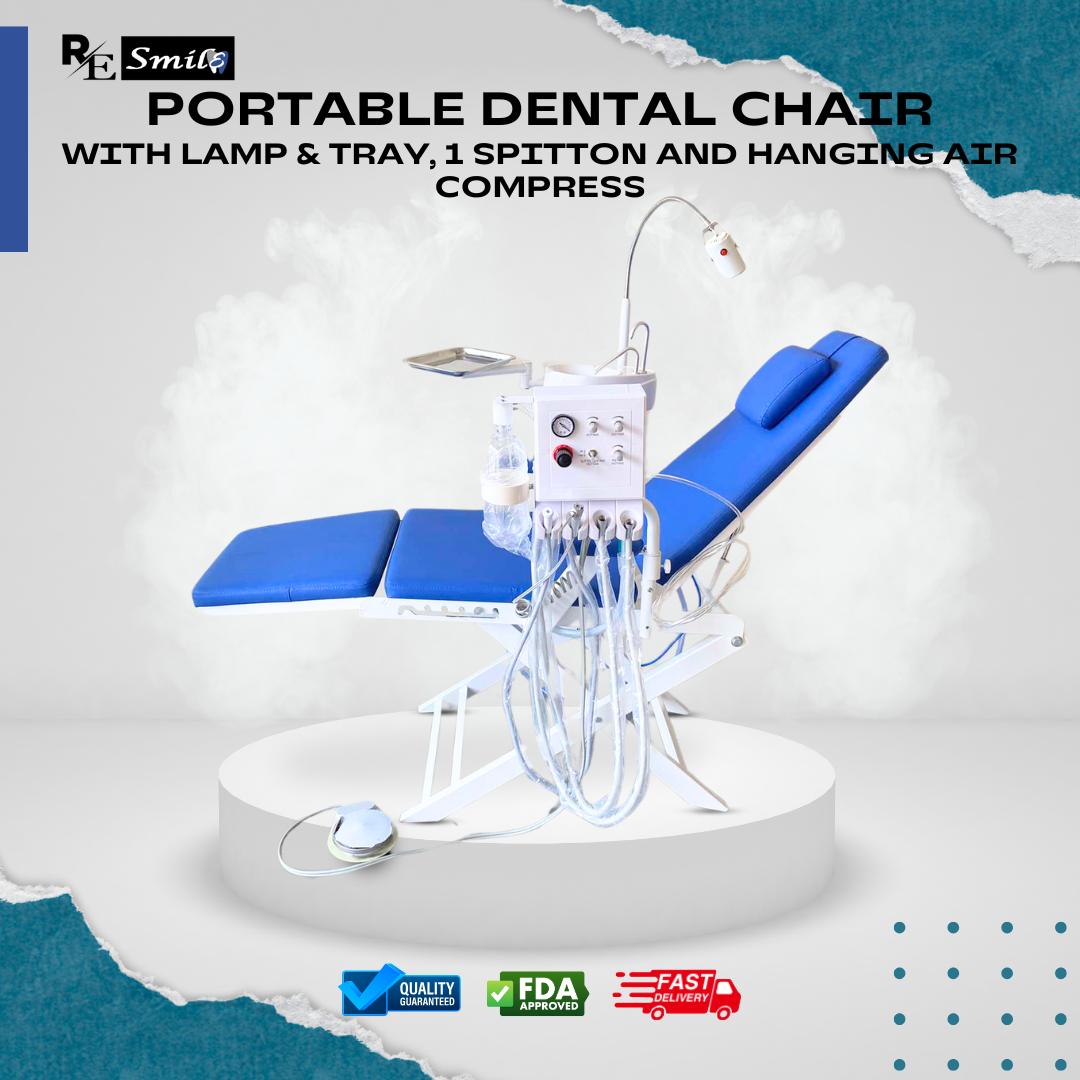 Portable dental chair with lamp, tray, spittoon & air compressor