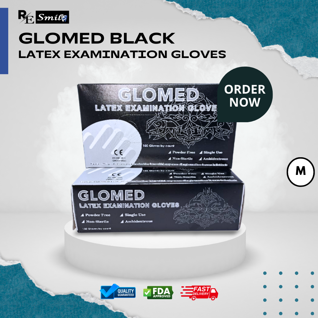 Glomed black latex examination gloves