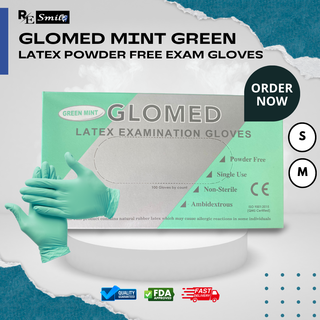 Glomed mint green latex examination gloves