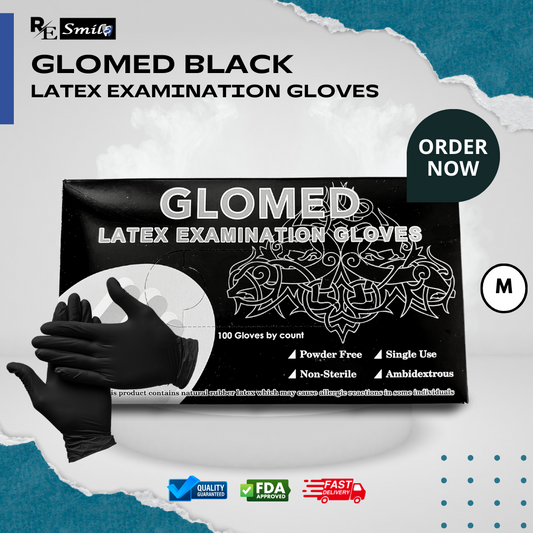 Glomed black latex examination gloves