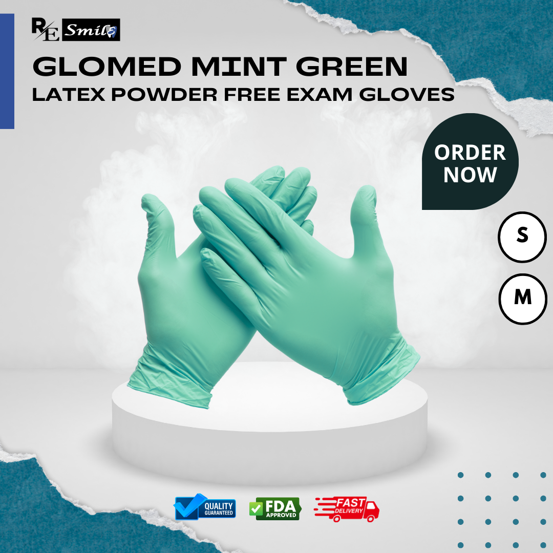 Glomed mint green latex examination gloves