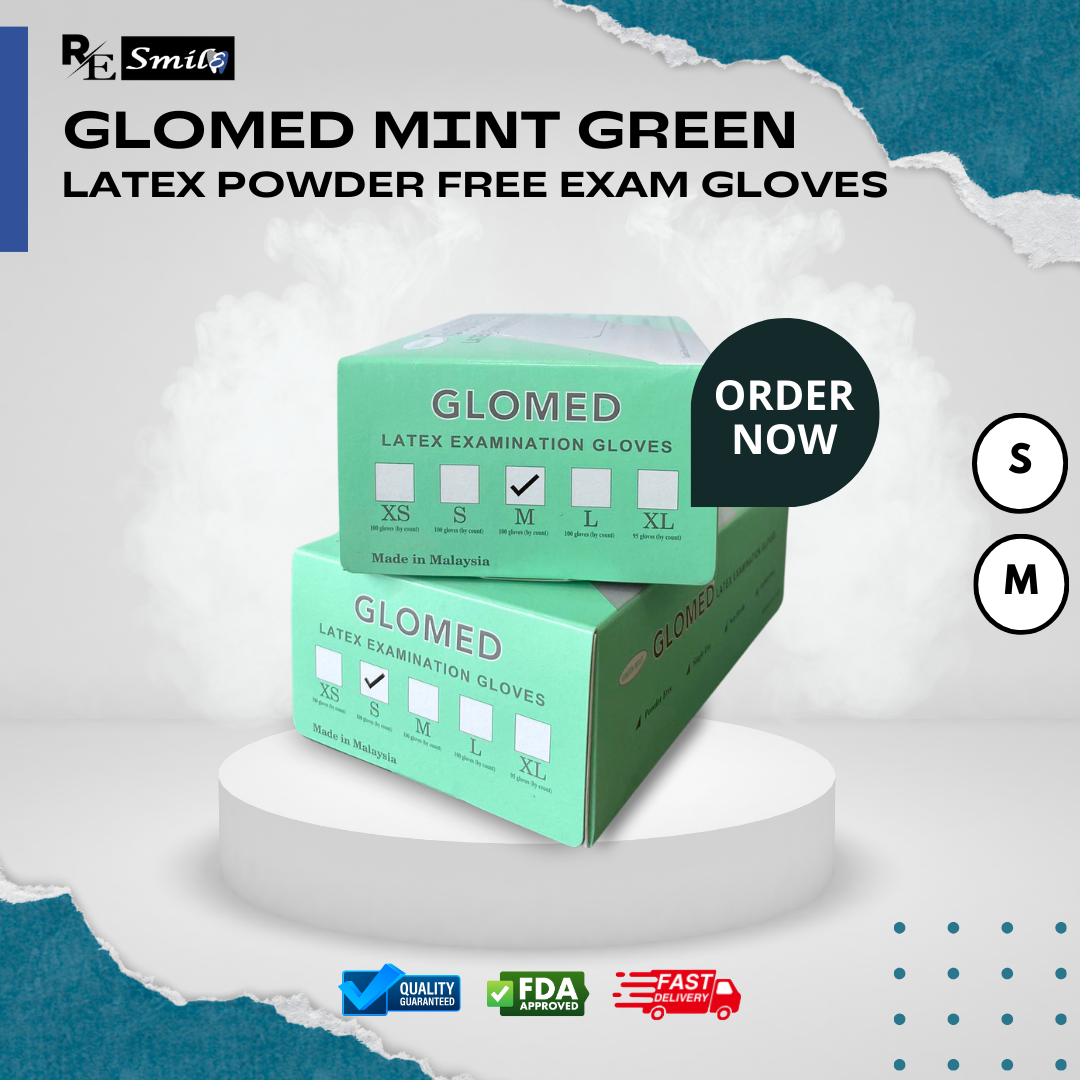 Glomed mint green latex examination gloves