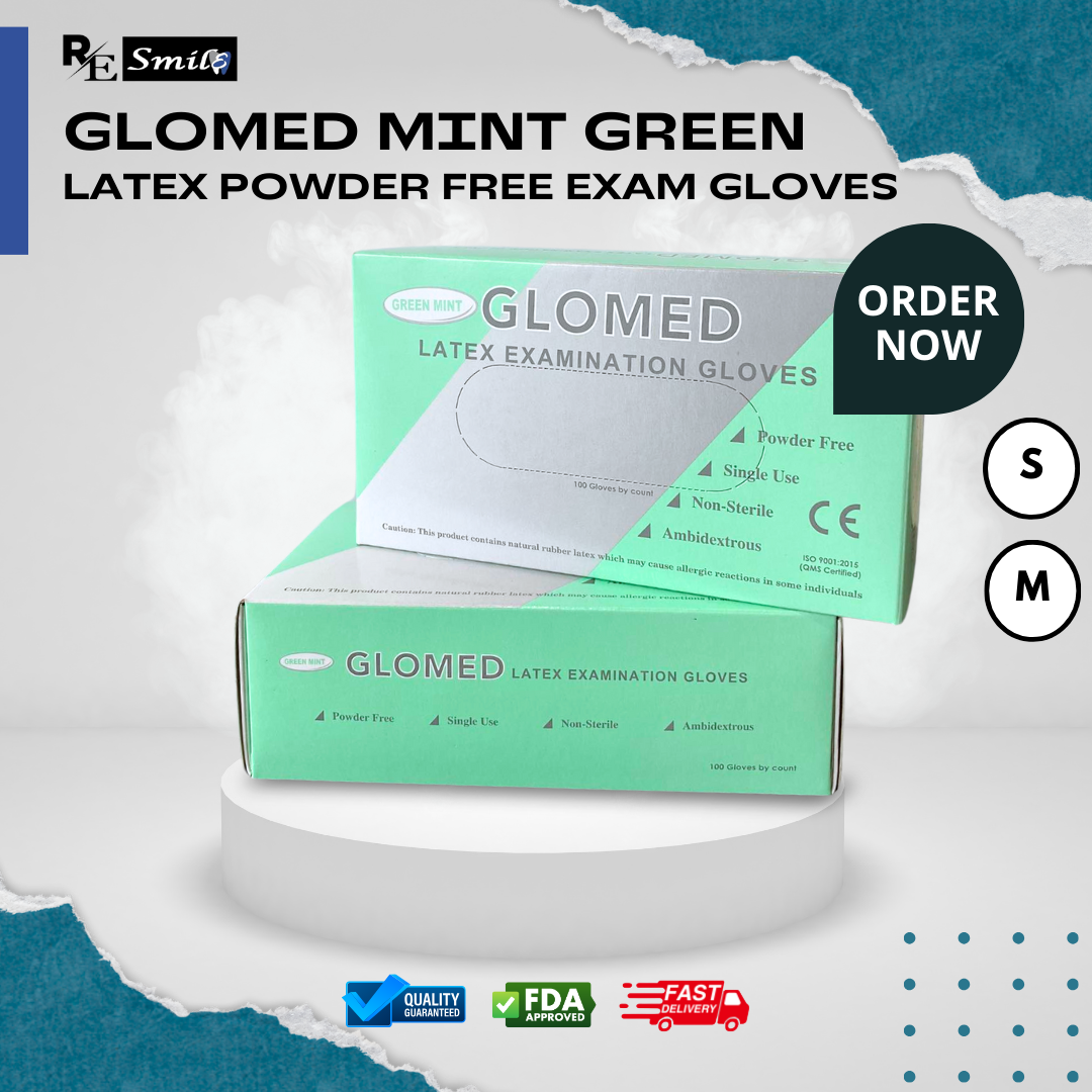 Glomed mint green latex examination gloves
