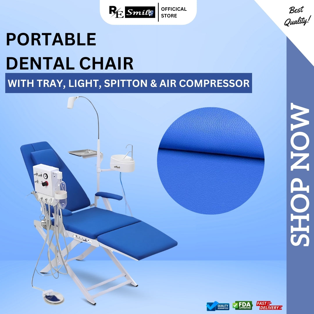 Portable dental chair with lamp, tray, spittoon & air compressor