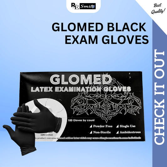 Glomed black latex examination gloves